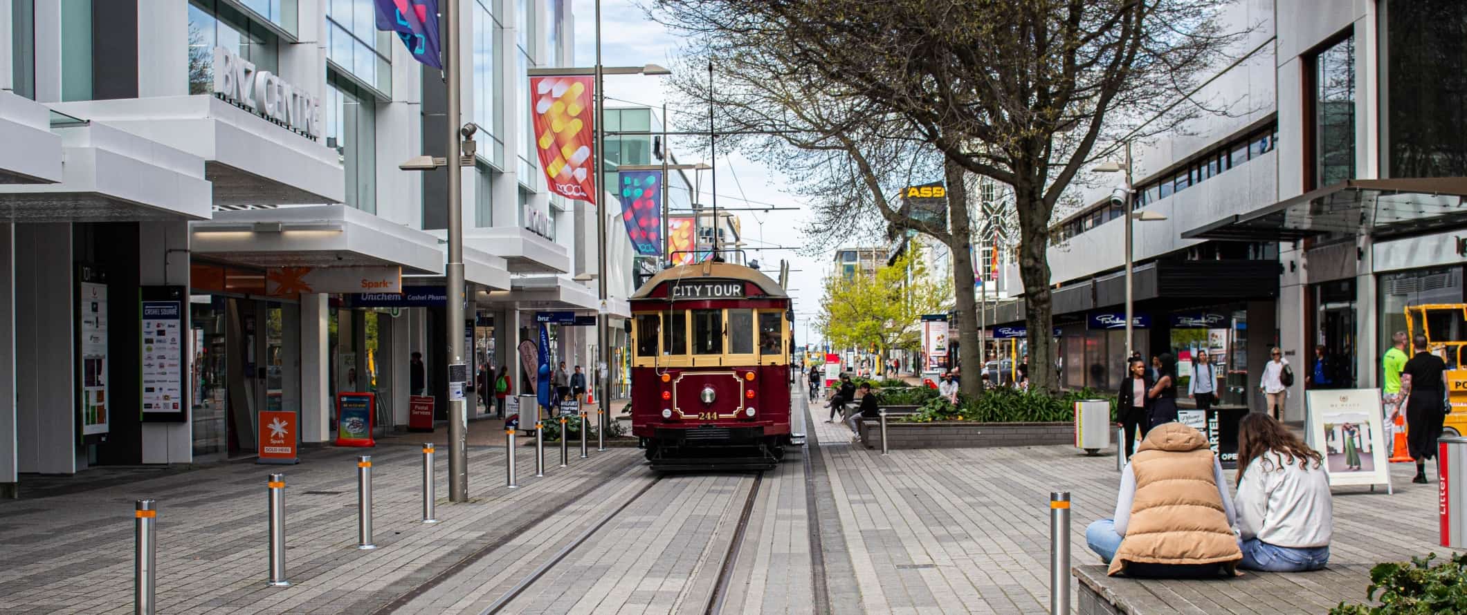 Historic tram in downtown Christchurch, New Zealand.