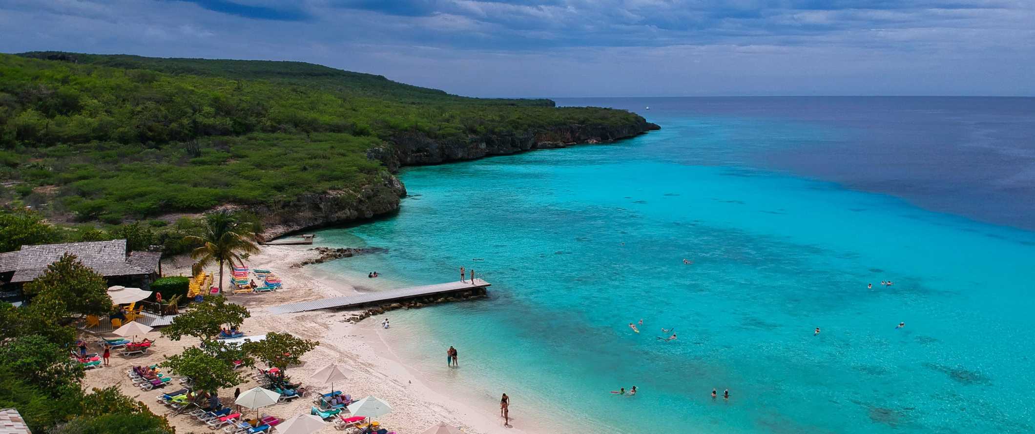 Drone view of a beach on the tropical island of Curaçao in the Caribbean