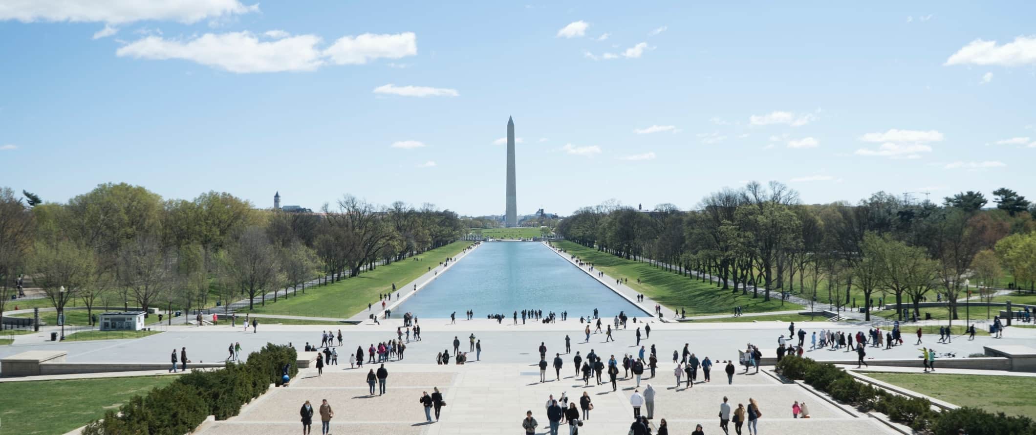 National Mall with reflecting pool and Washington monument in the background, in Washington, DC.