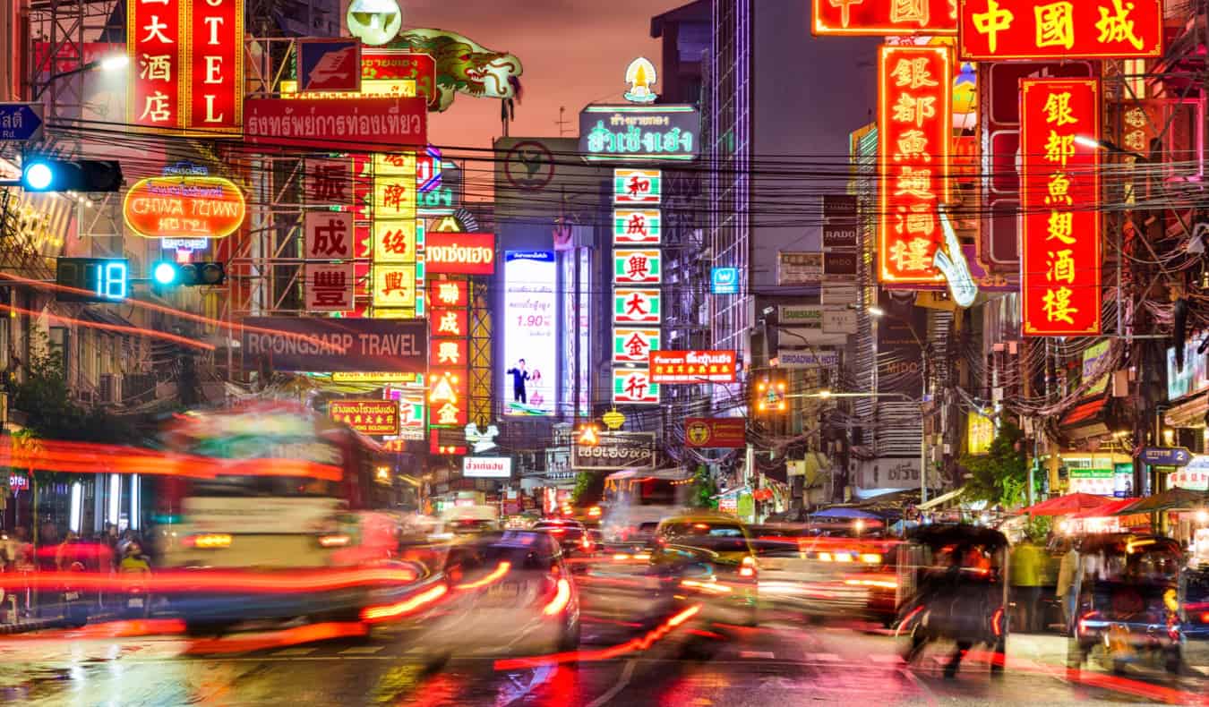 The busy streets and bright lights of Chinatown in Bangkok, Thailand