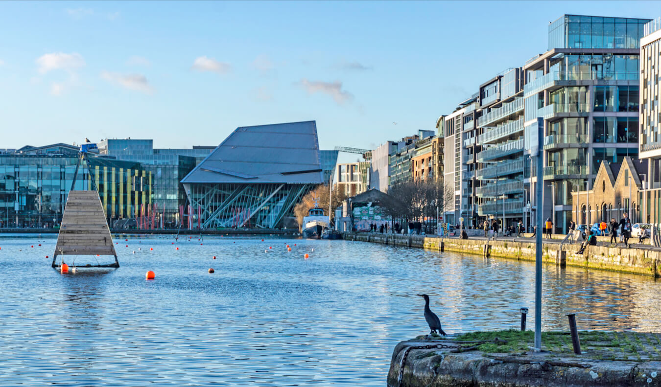 A view over the canal in the Docklands neighborhood of Dublin, Ireland on a sunny summer day