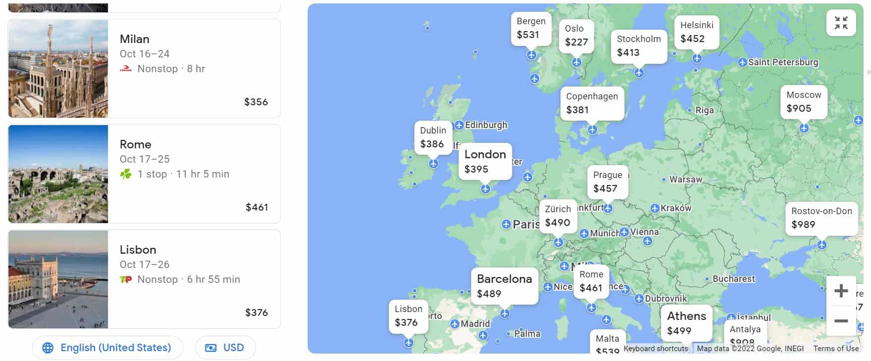 Screenshot of a flight search from Google Flights, showing map of Europe with flight prices.