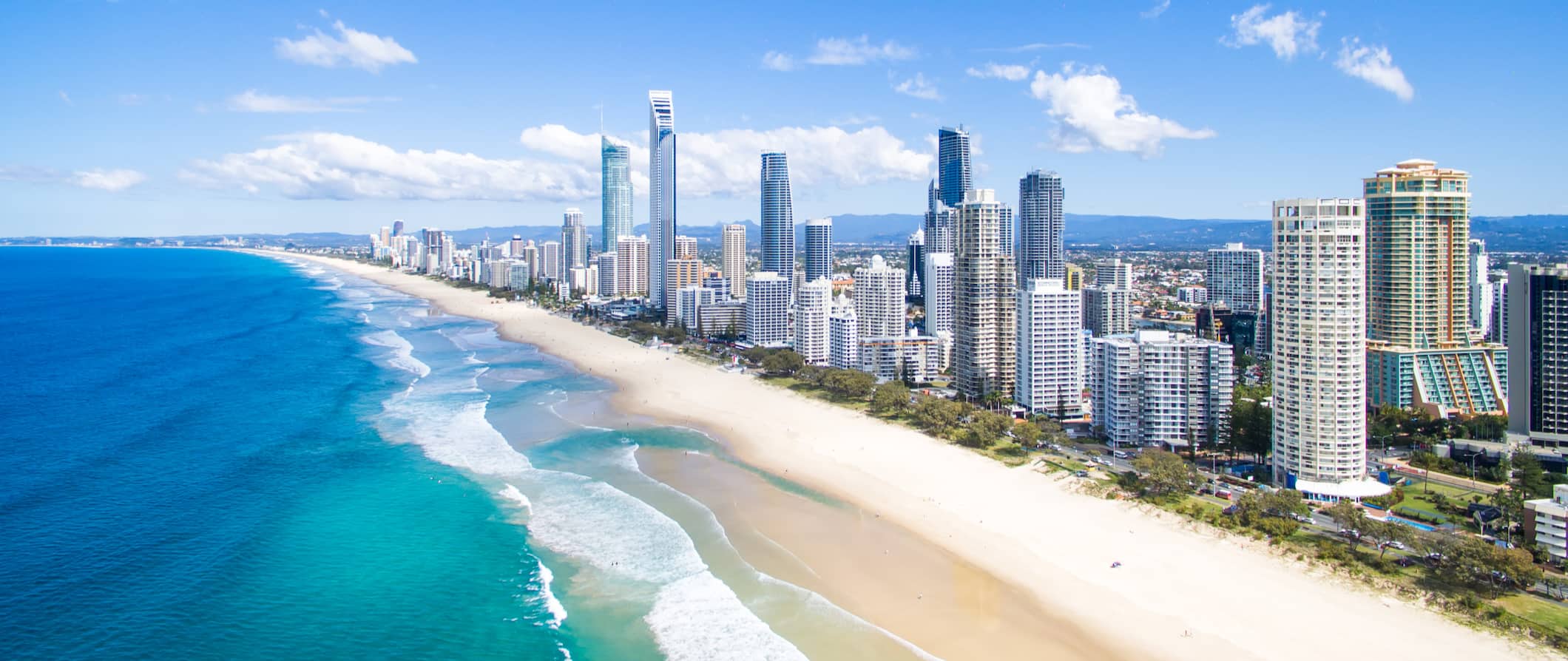 An aerial view of the stunning highrises along the beach in Gold Coast, Australia