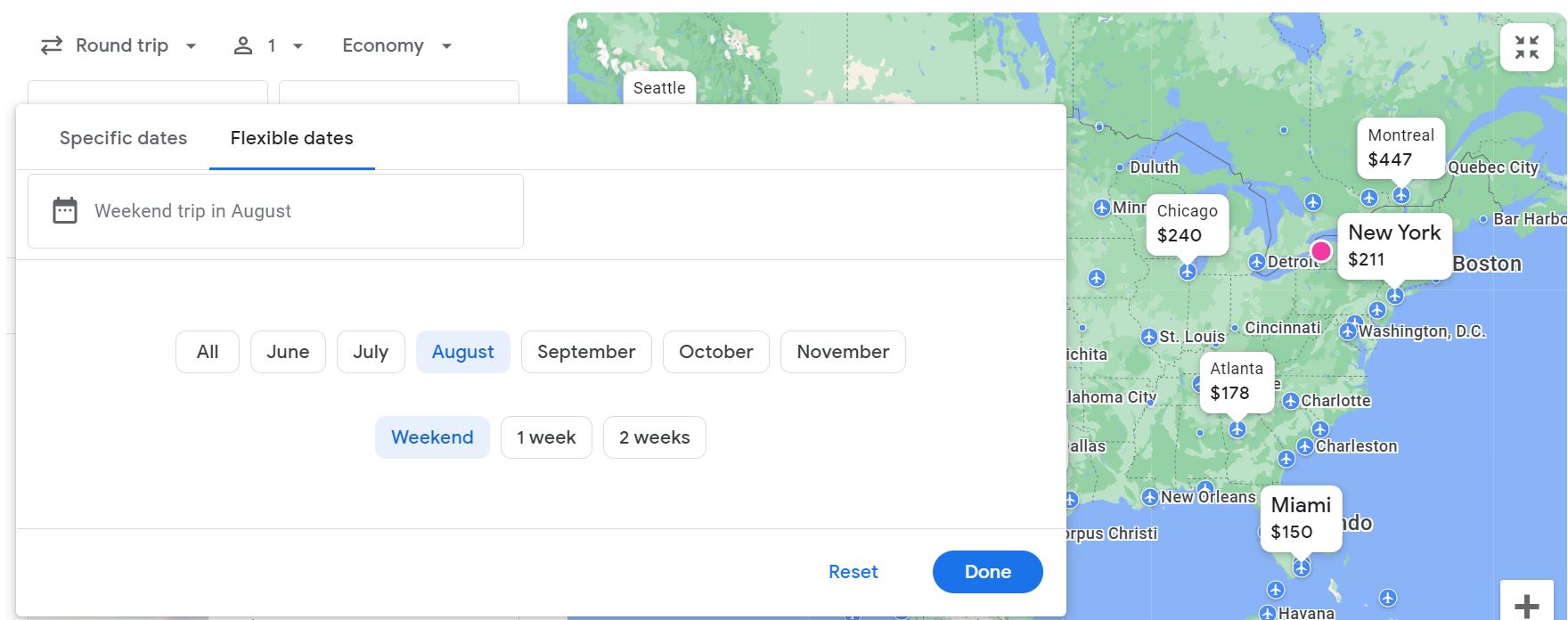 Screenshot of Google Flights showing flexible date options.