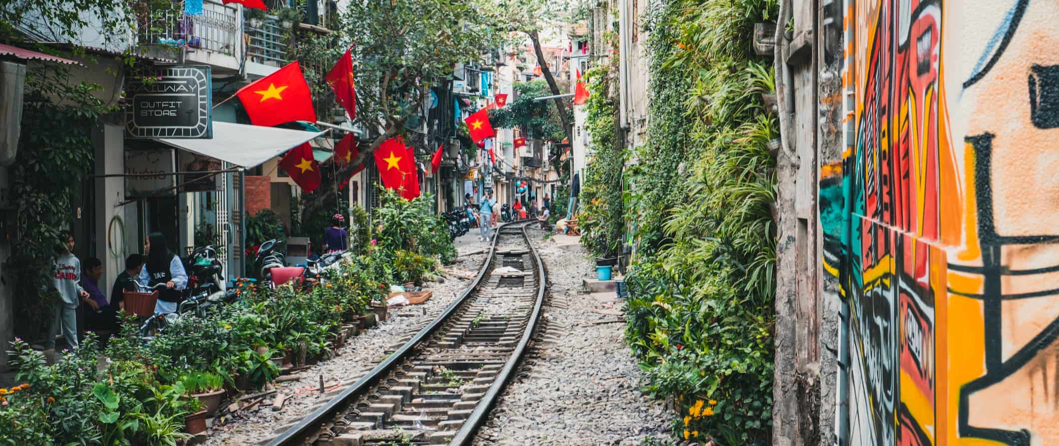 The famous city railroad inside the Old Town of bustling Hanoi