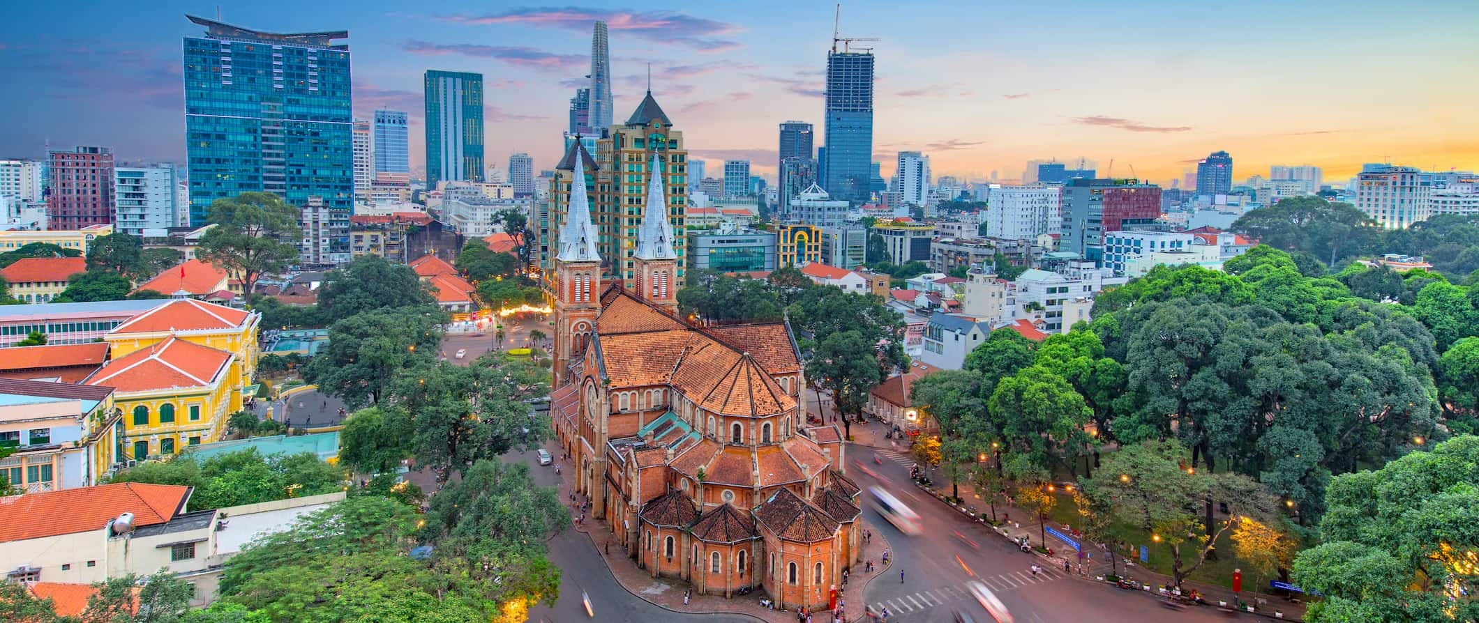 Traffic around the famous Notre Dame cathedral in central Ho Chi Minh City, Vietnam