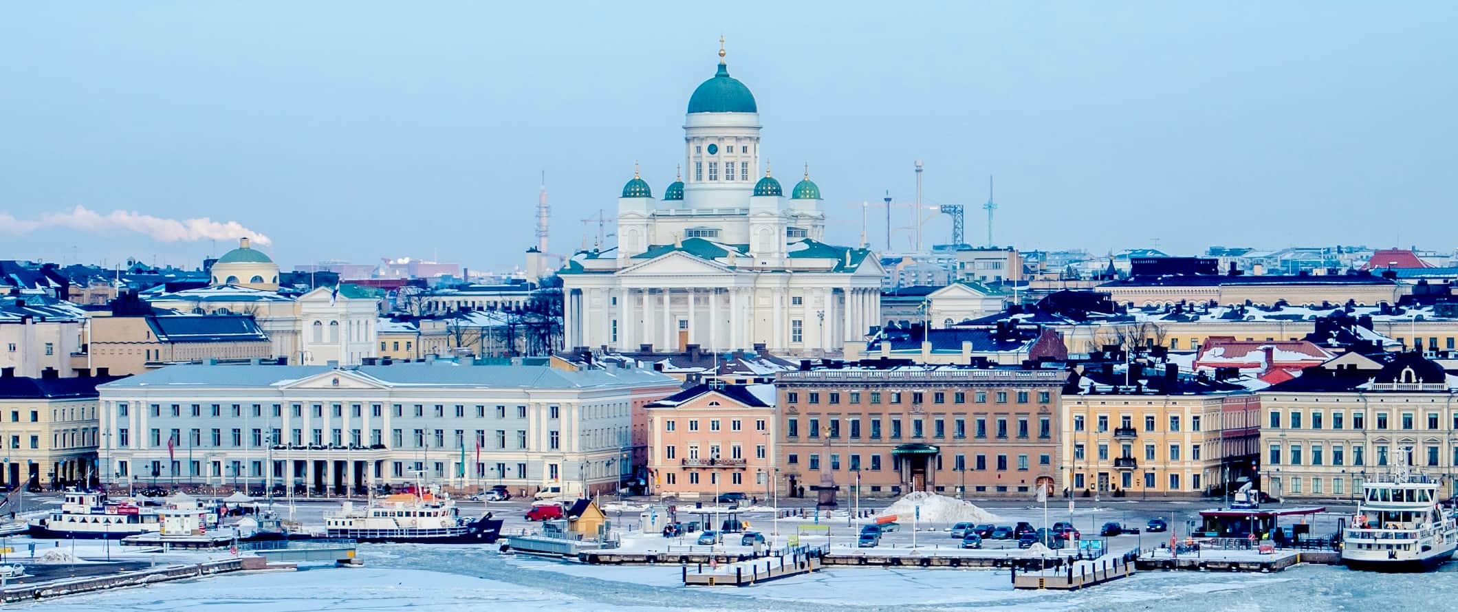 The snowy skyline of downtown Helsinki, Finland in the winter