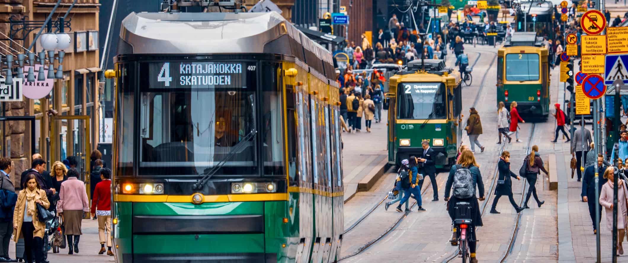 Busy public transportation in downtown Helsinki, Finland