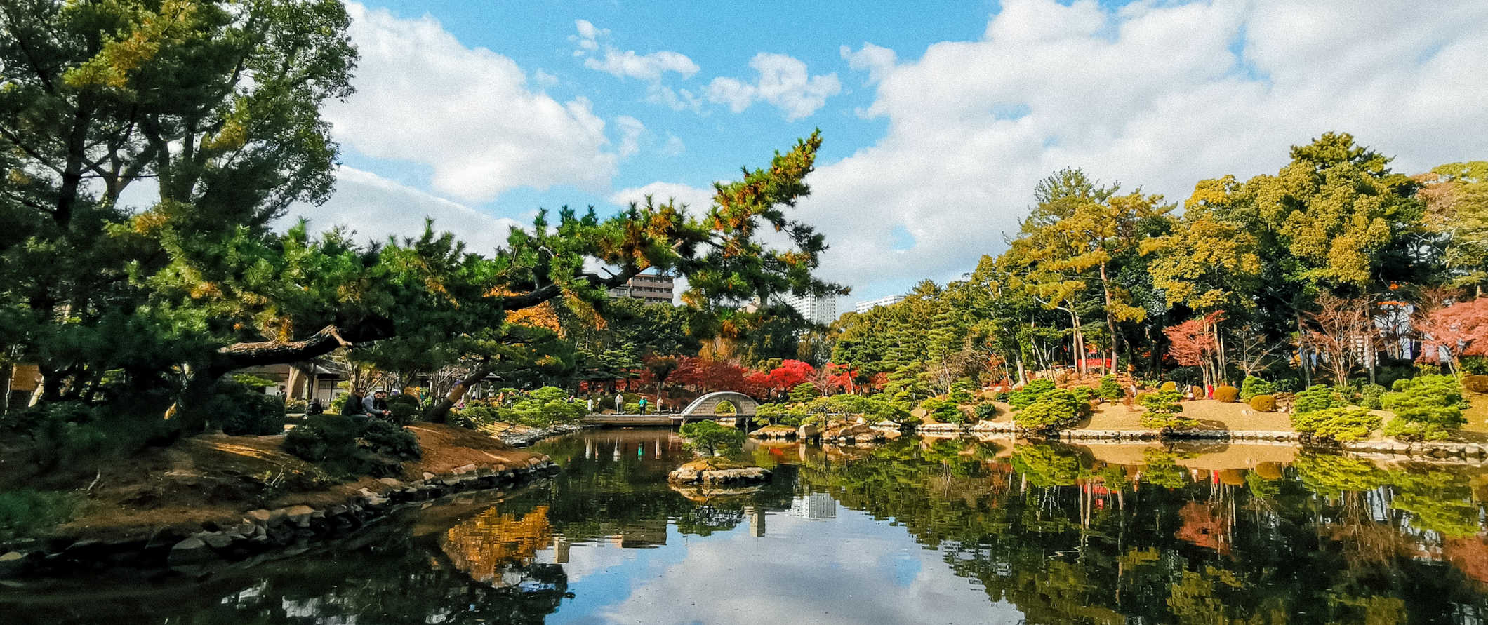 A calm, tranquil garden and lake in peaceful Hiroshima, Japan