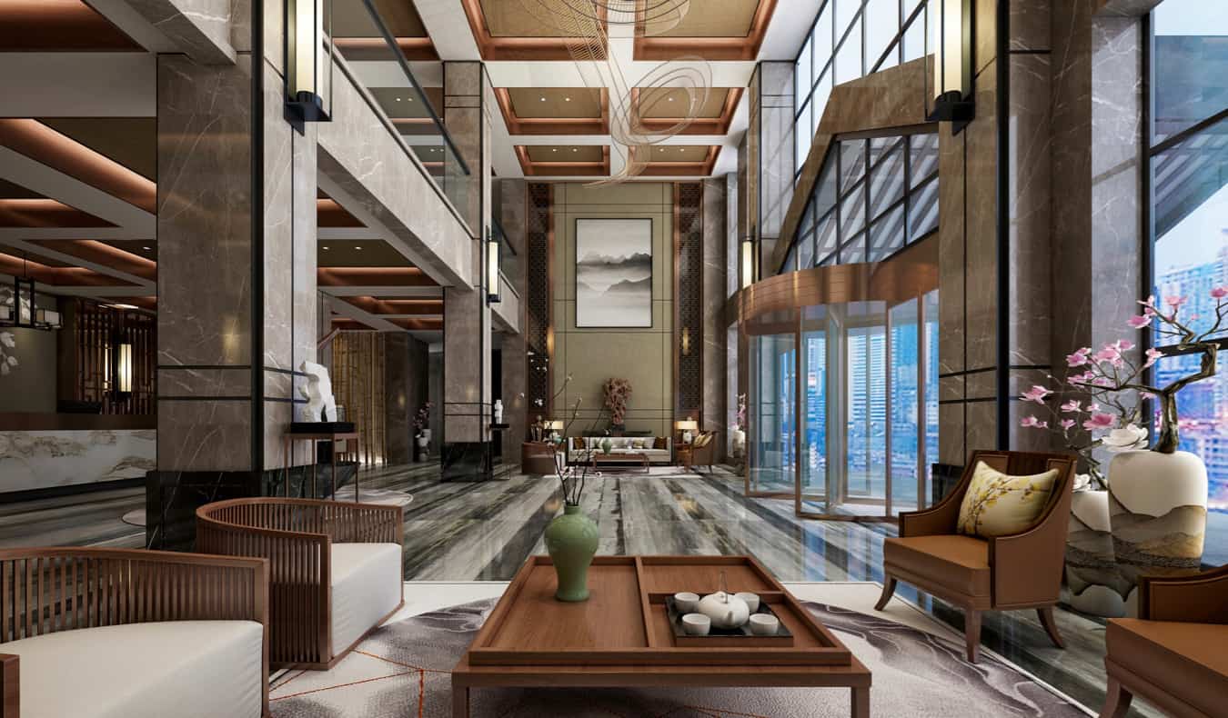 A huge hotel lobby in a luxury hotel