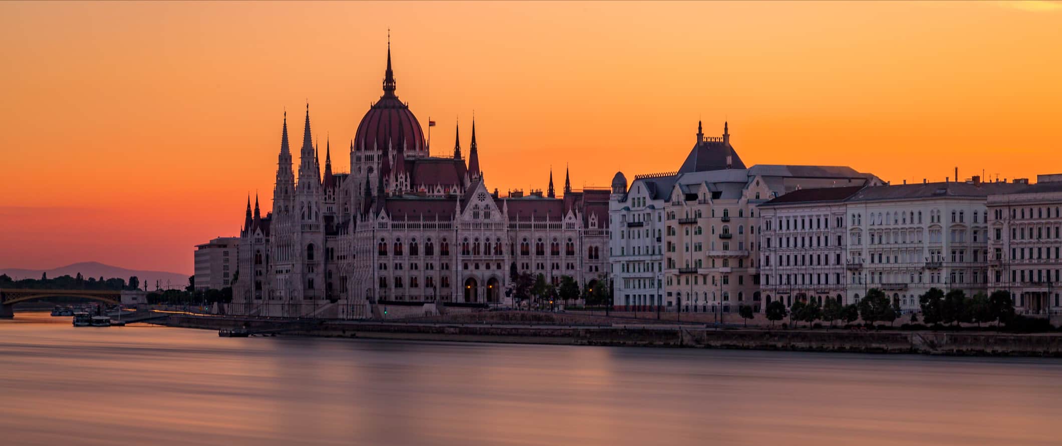 A bright orange sunset over the Danube in beautiful Budapest, Hungary