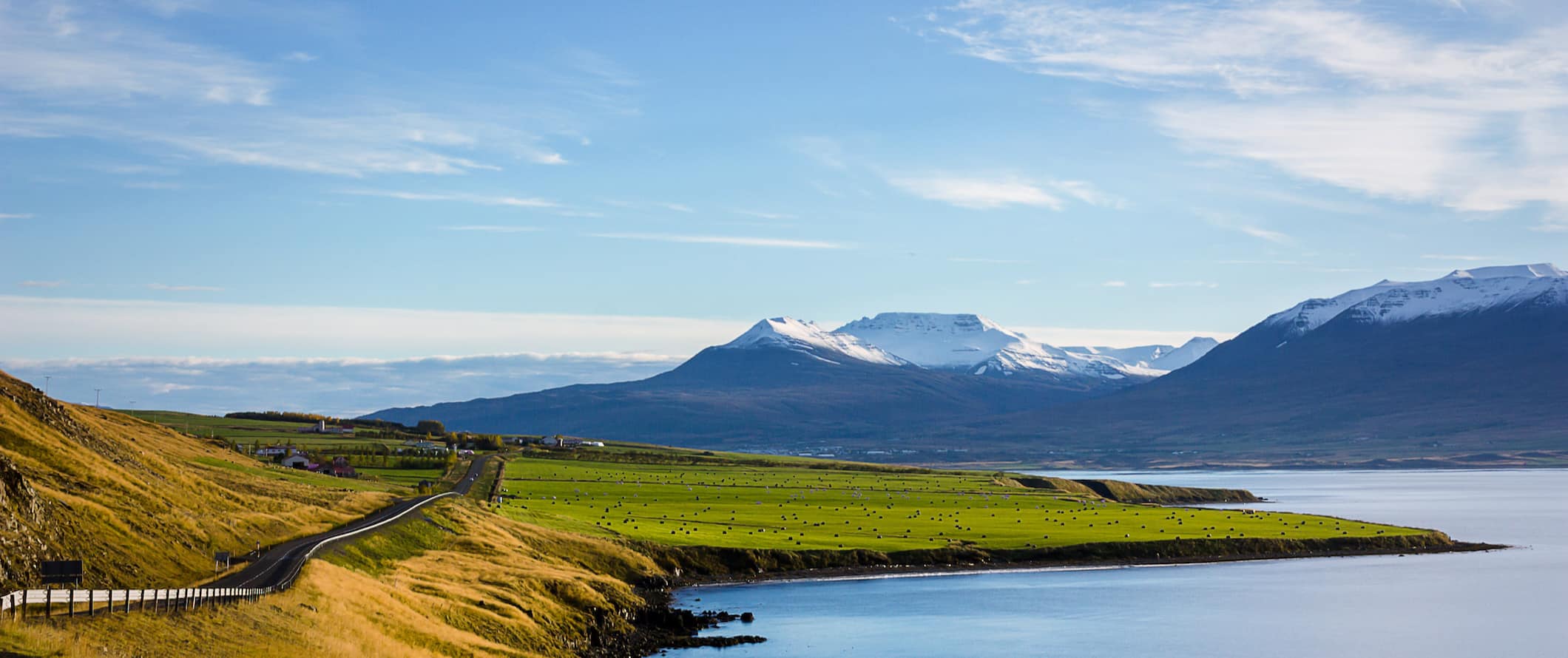 The rolling hills and fields along a winding road in beautiful Iceland