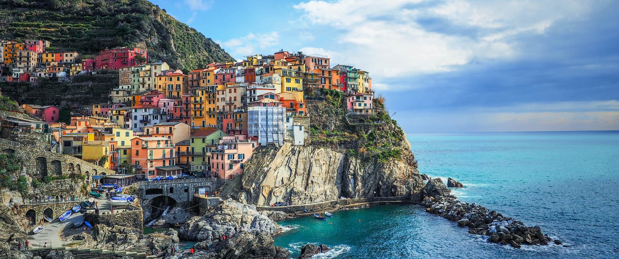 View over colorful town in the Cinque Terre along the coast in Italy.