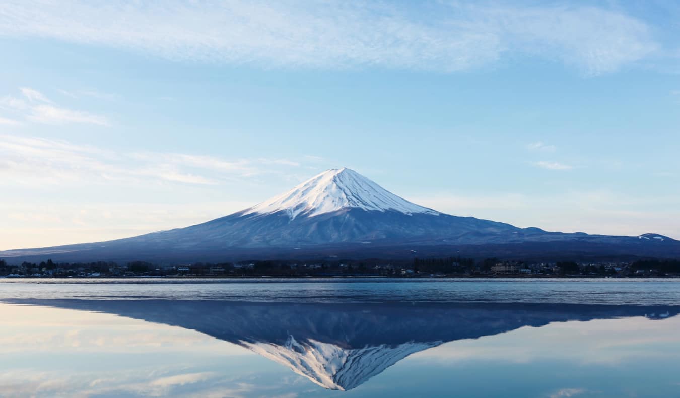 The towering Mount Fuji reflected in the waters in Japan