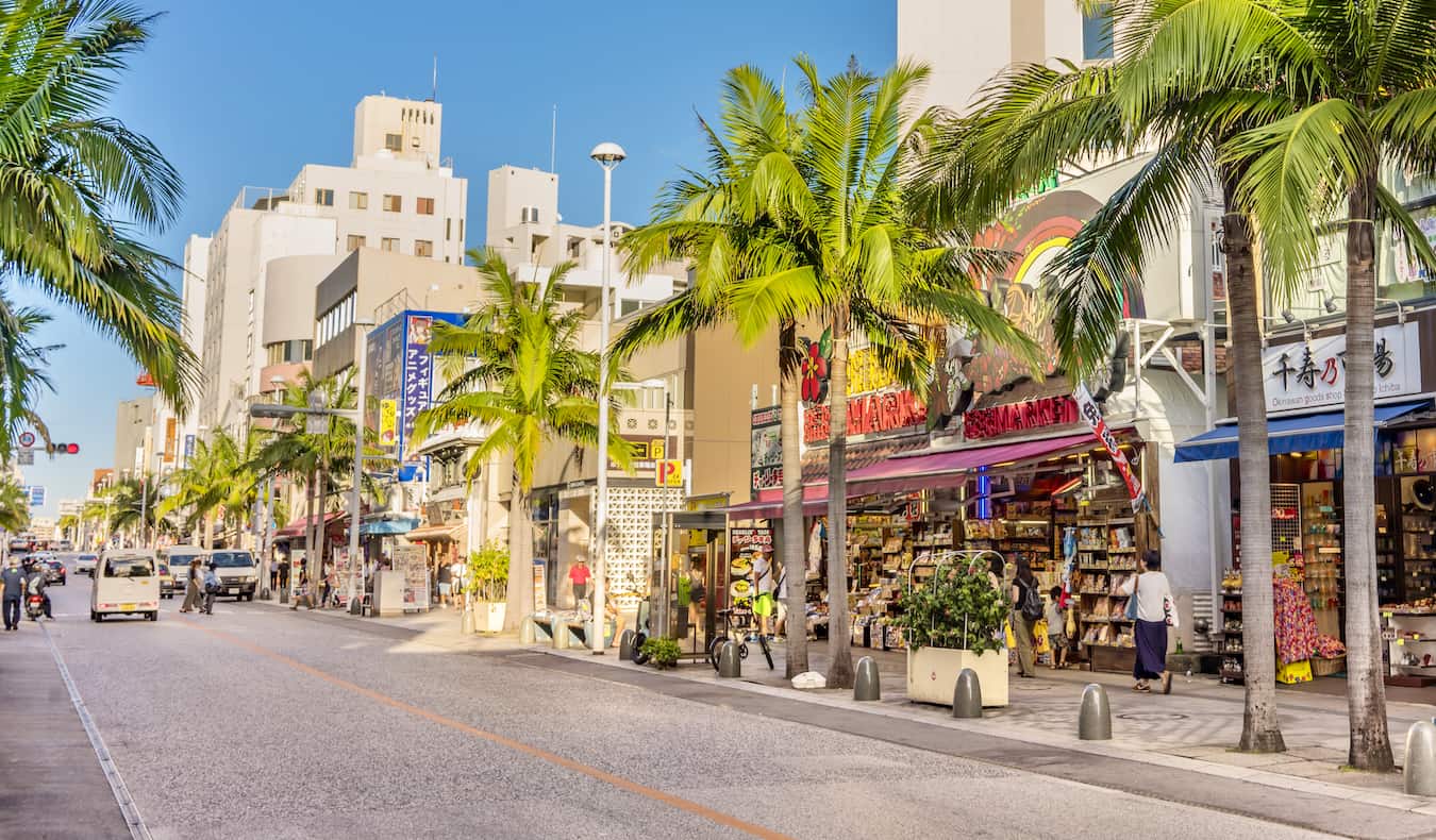 A busy street in sunny, subtropical Okinawa, Japan