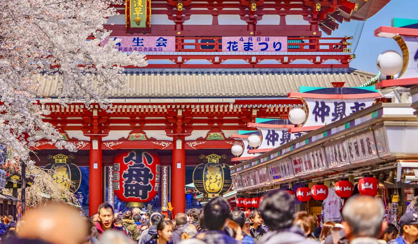 The busy streets of Tokyo, Japan near an old temple