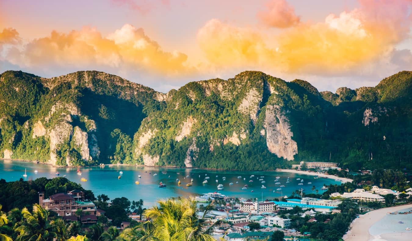 Colorful sunset over the harbor at Ko Phi Phi island in Thailand