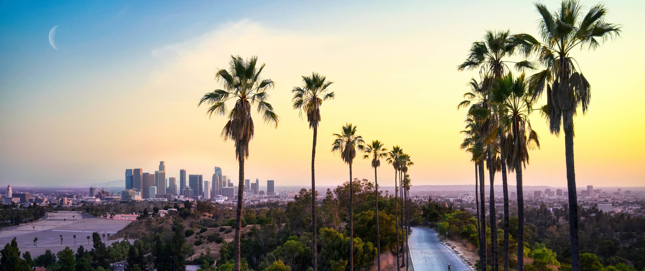 Los Angeles at sunset, featuring towering buildings in the background and palms trees in the foreground