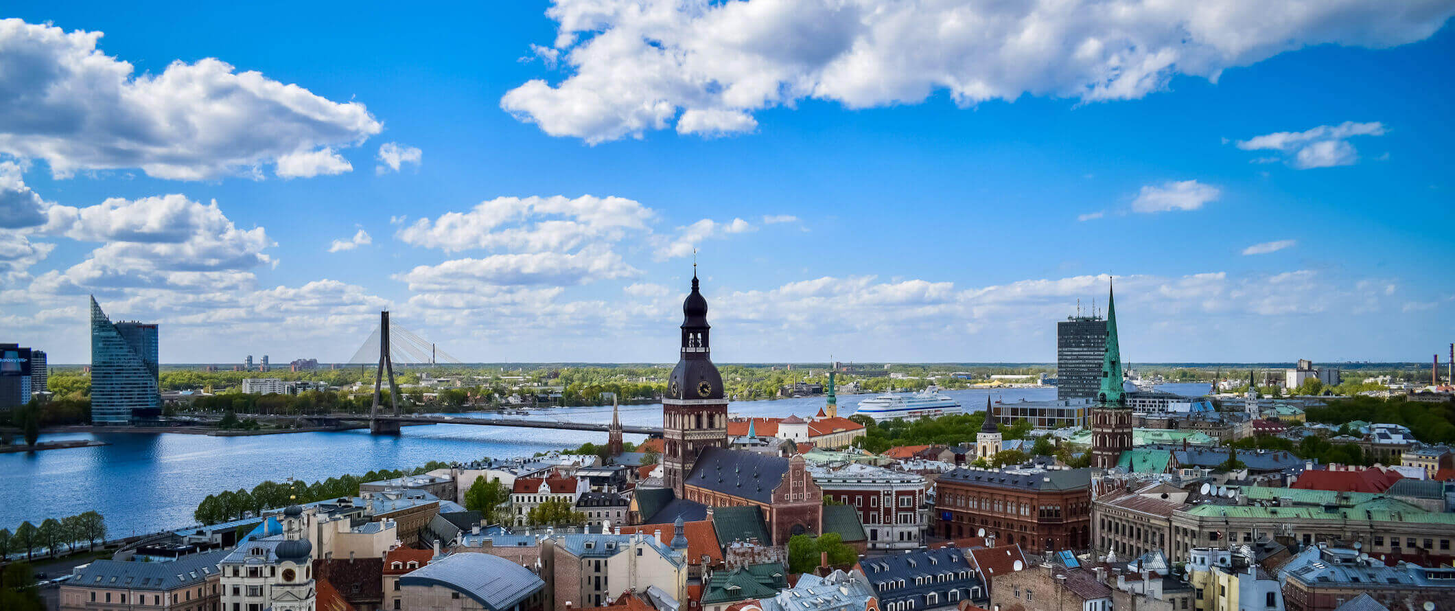A bright and sunny day over the skyline of Riga, the capital of Latvia