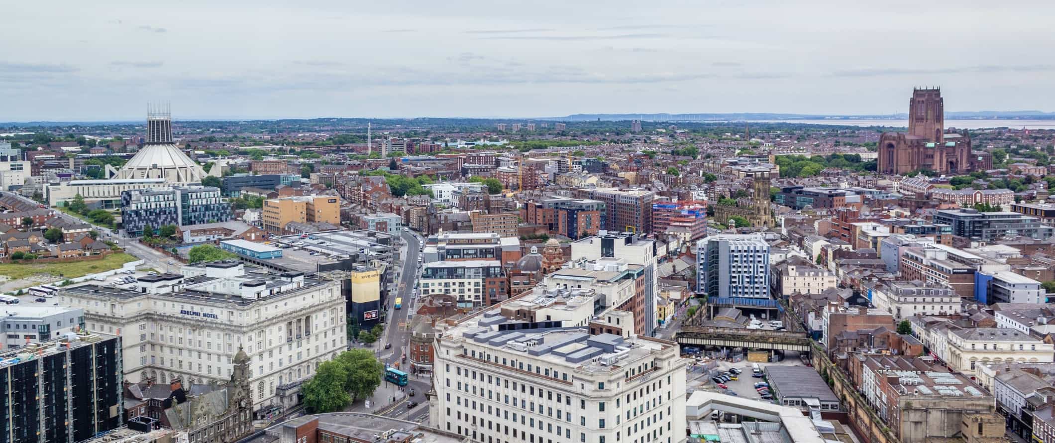 Aerial view over the rooftops and skyline of Liverpool, England