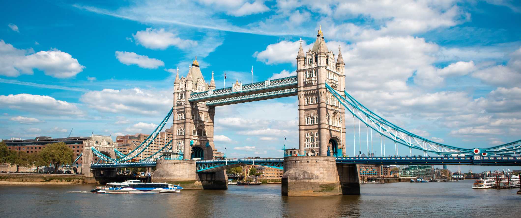 View of the famous Tower Bridge spanning across the River Thames in London, England