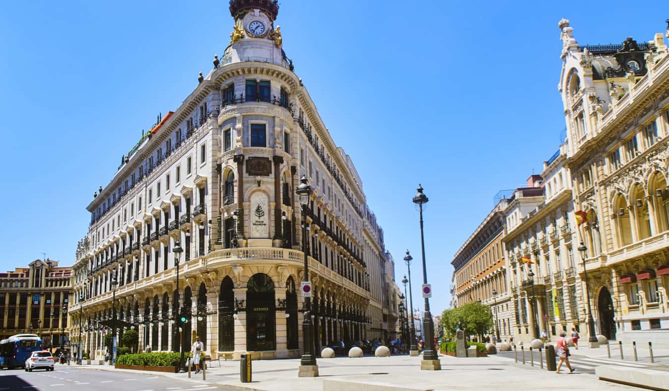 The charming historic buildings in Madrid, Spain on a bright summer day