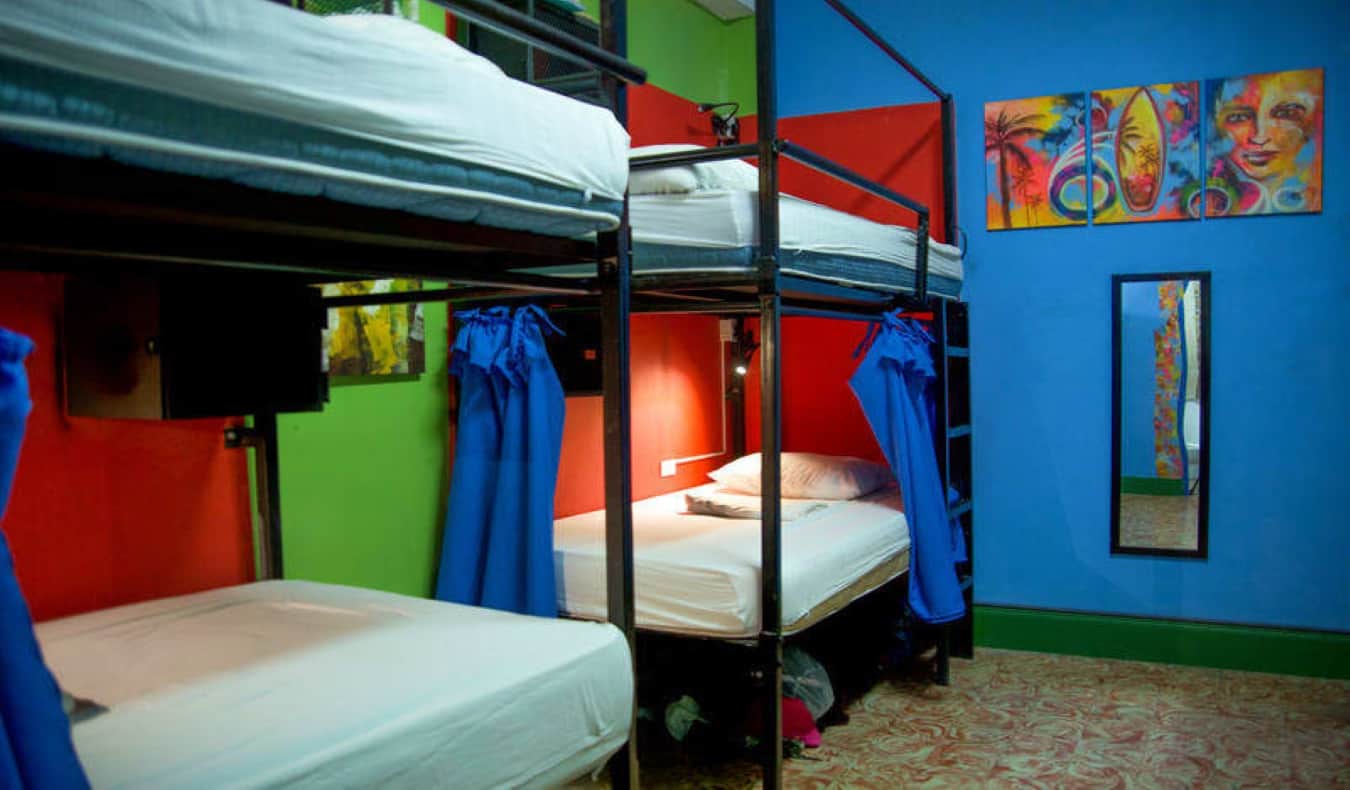 Bunk beds in colorful dorm room at Mamallena Backpackers hostel in Panama City.