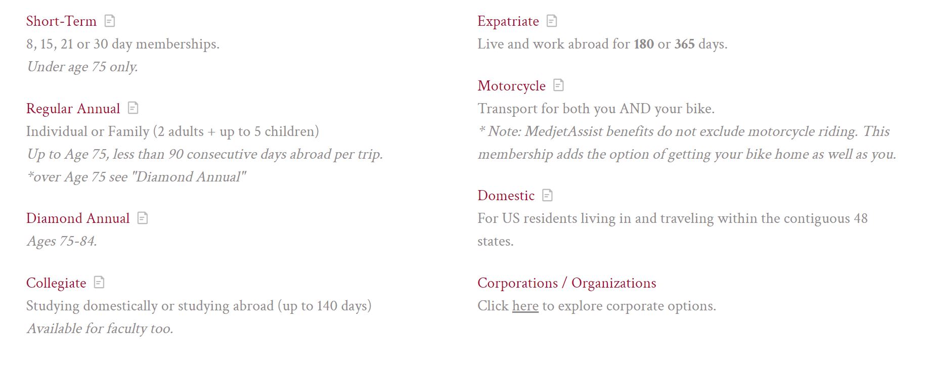 List of different plans offered by Medjet.