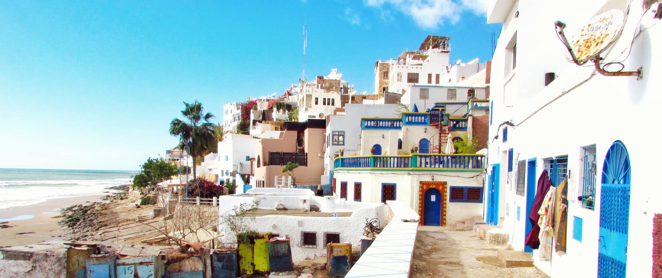 A sea-side view along a small village near the beach in sunny Morocco