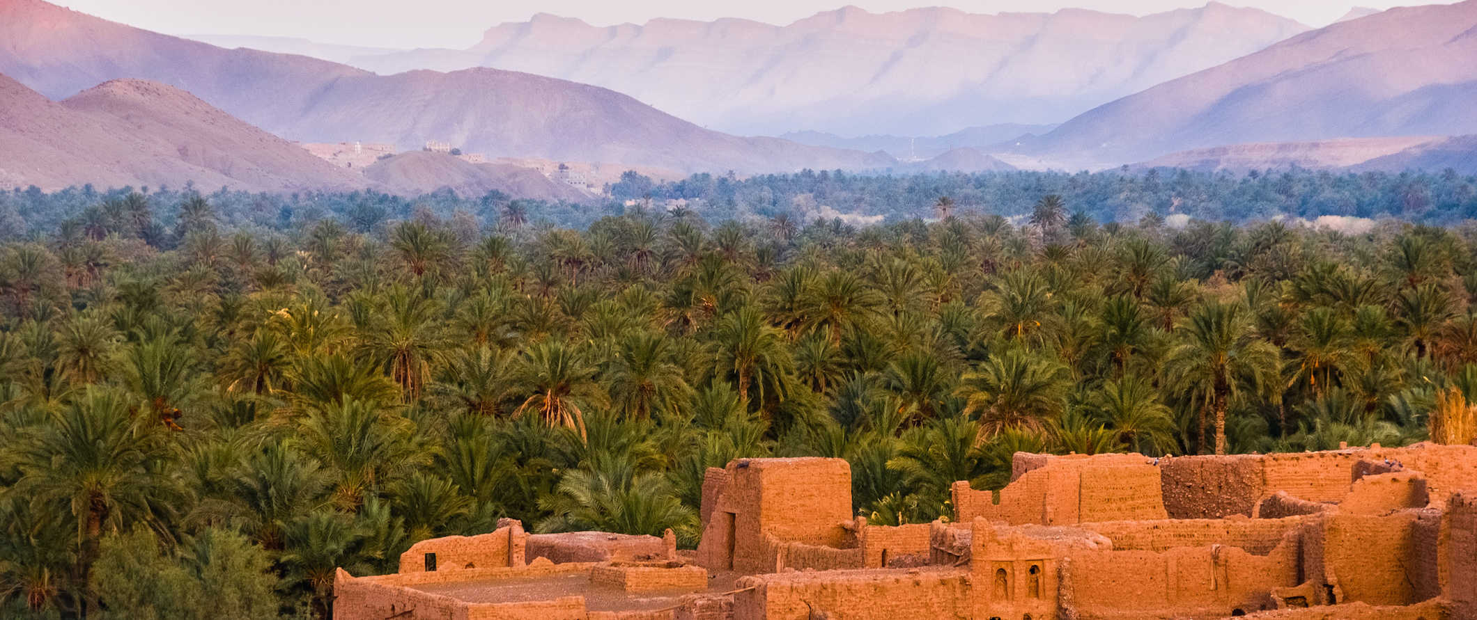 Traditional sandstone buildings along the ridge of a slope in beautiful Morocco