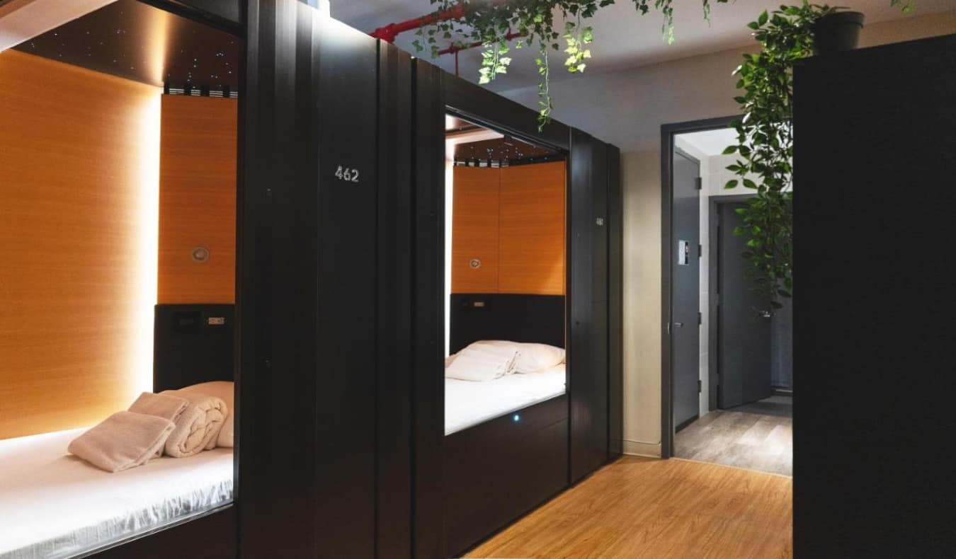 two single sleep pods at Nap York Hostel in NYC
