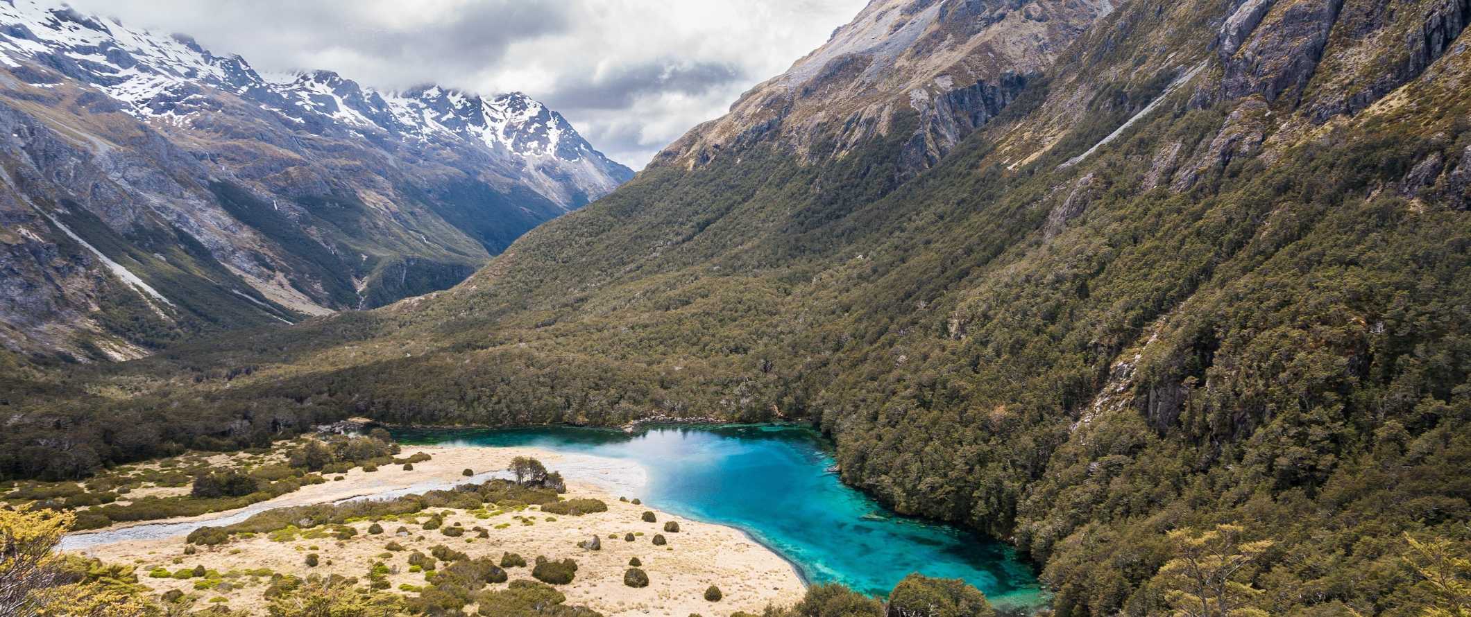 Dramatic mountains and azure-colored river near the town of Nelson in New Zealand.