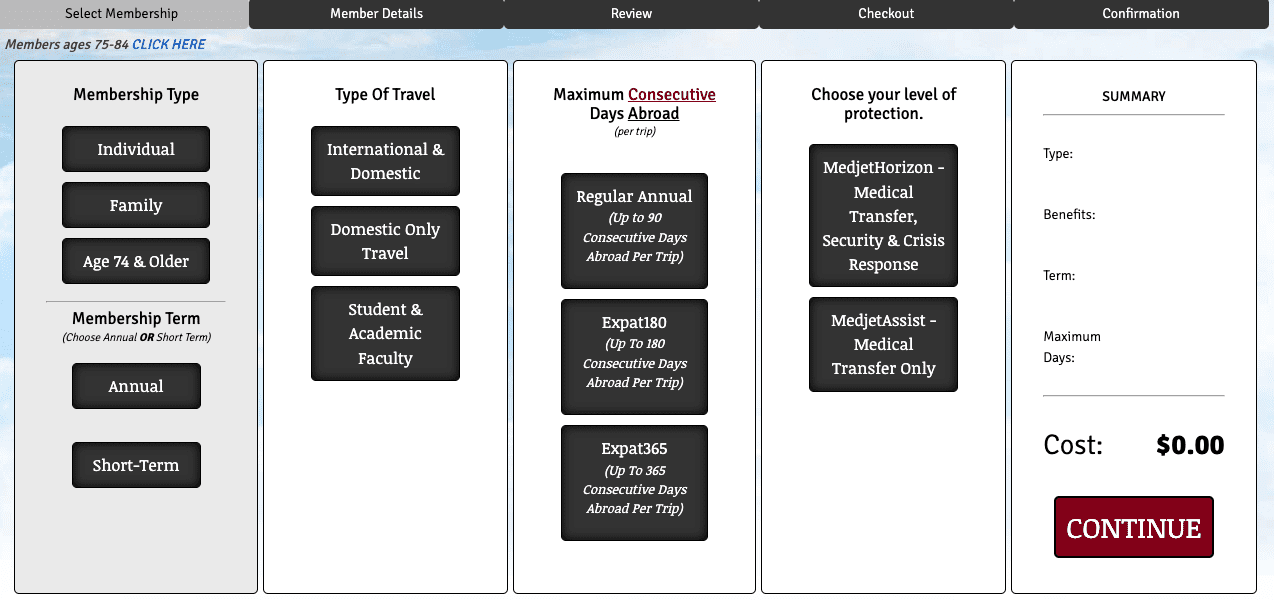 Flow chart with different options for picking a Medjet policy.