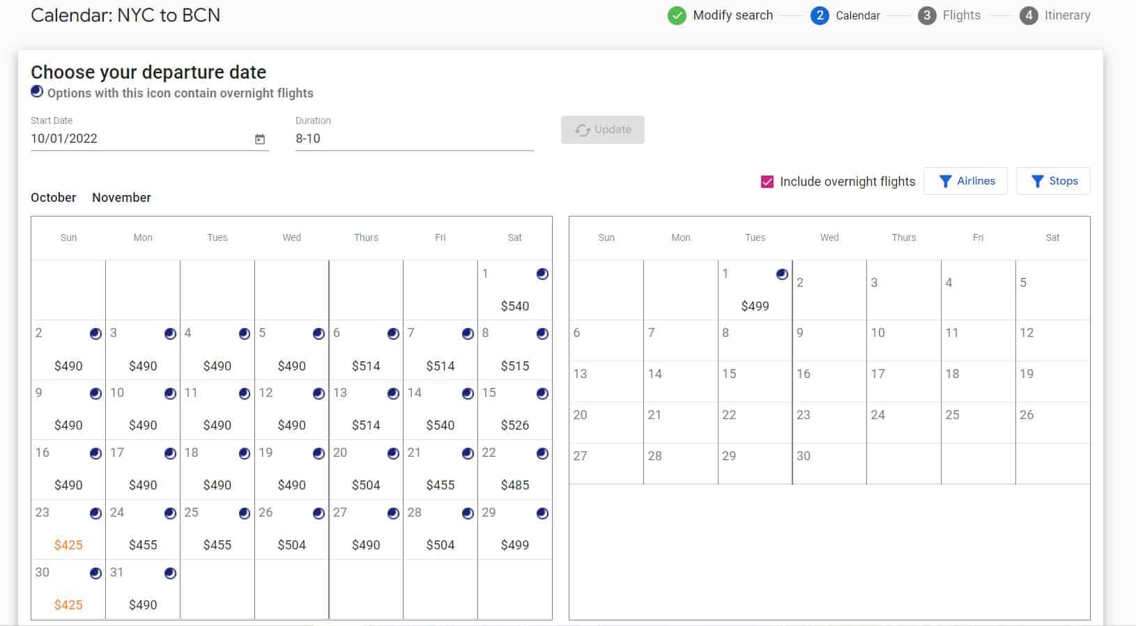 Screenshot of calendar view of flight prices from NYC to Barcelona on the ITA Matrix website.