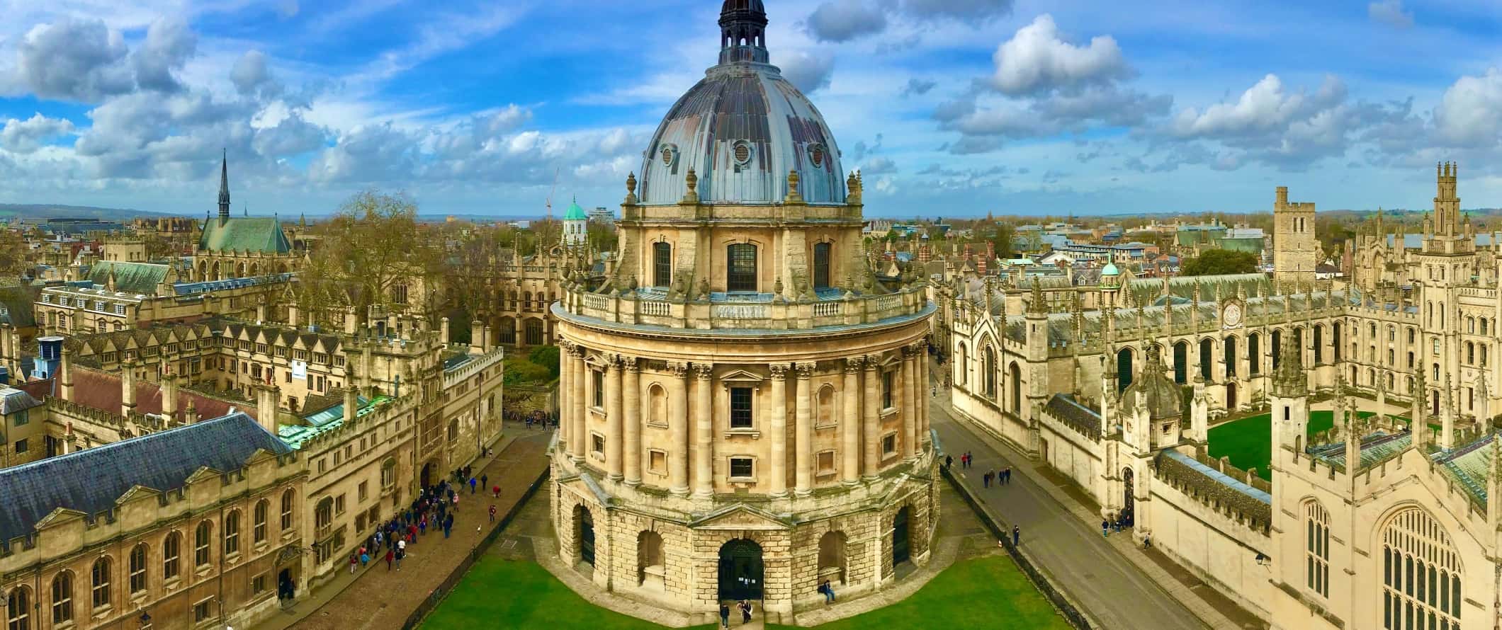 View of the circular Radcliffe Camera building at the University of Oxford in the town of Oxford, England