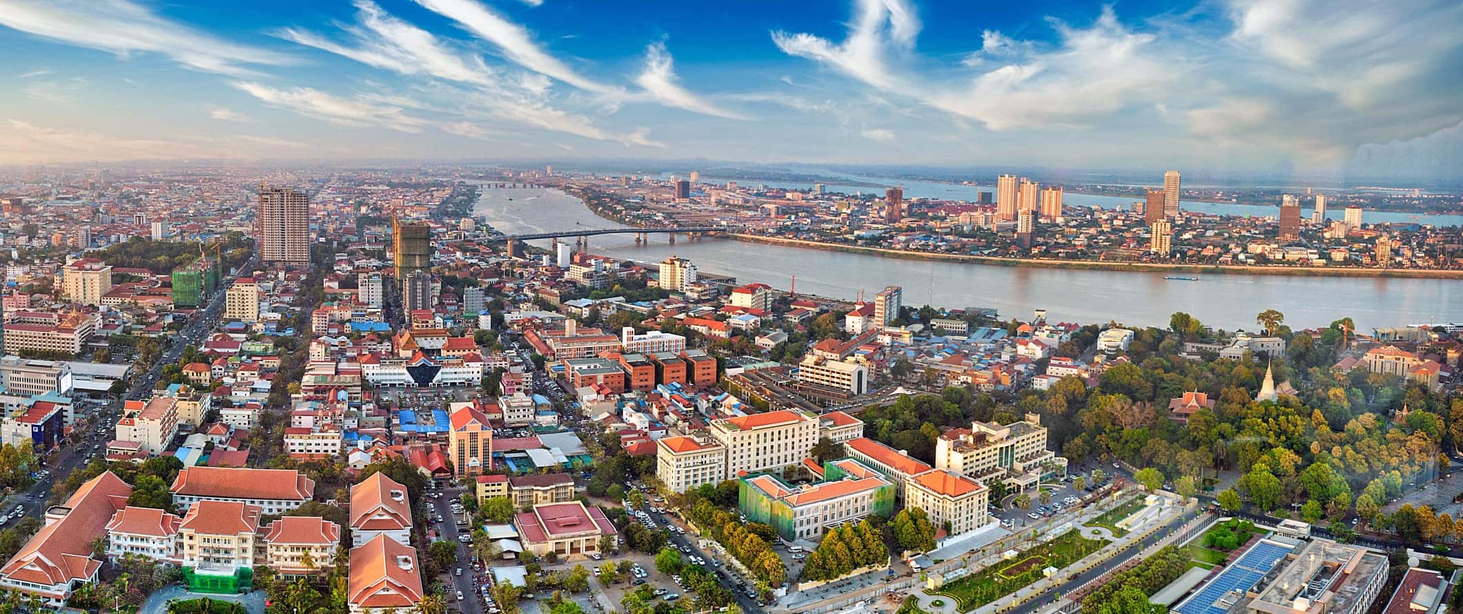 Panoramic view over the city of Phnom Penh, Cambodia on a clear, sunny day