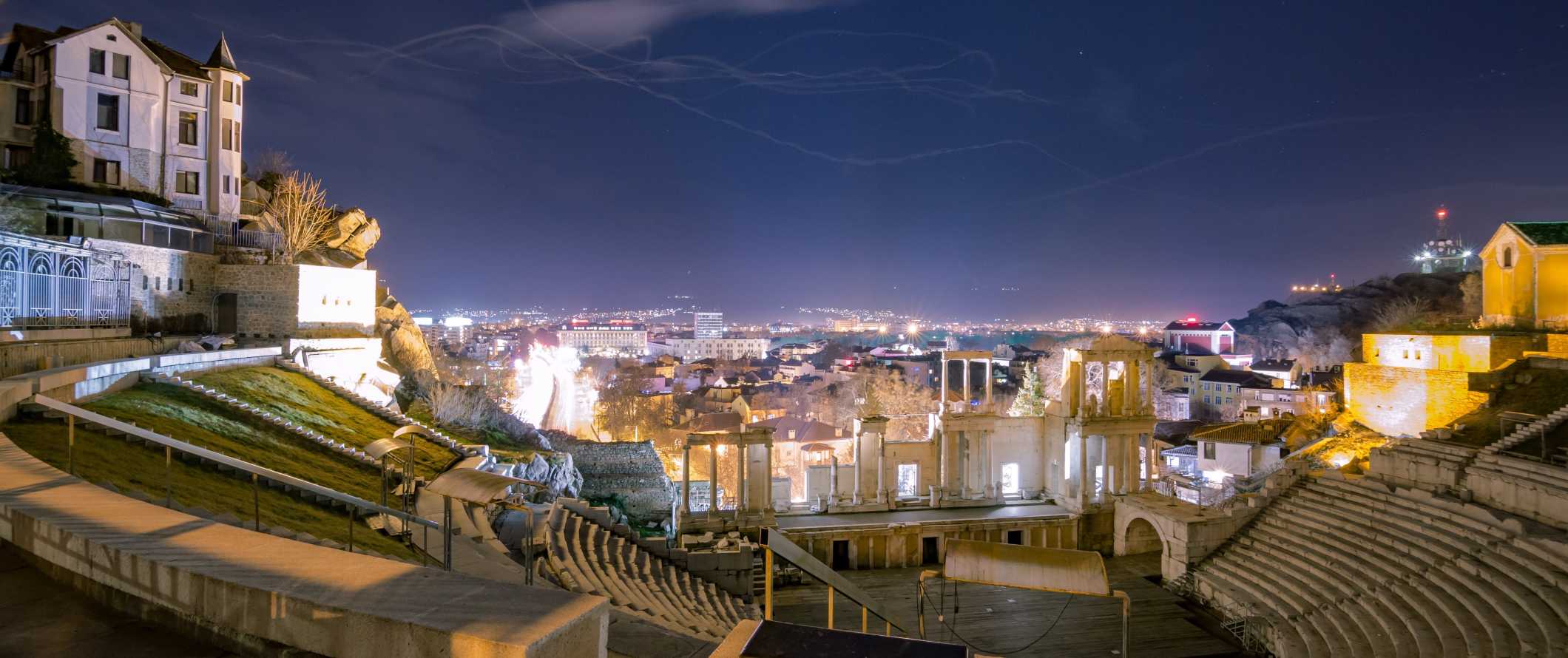 Ancient Roman amphitheater at night in Plovdiv, Bulgaria