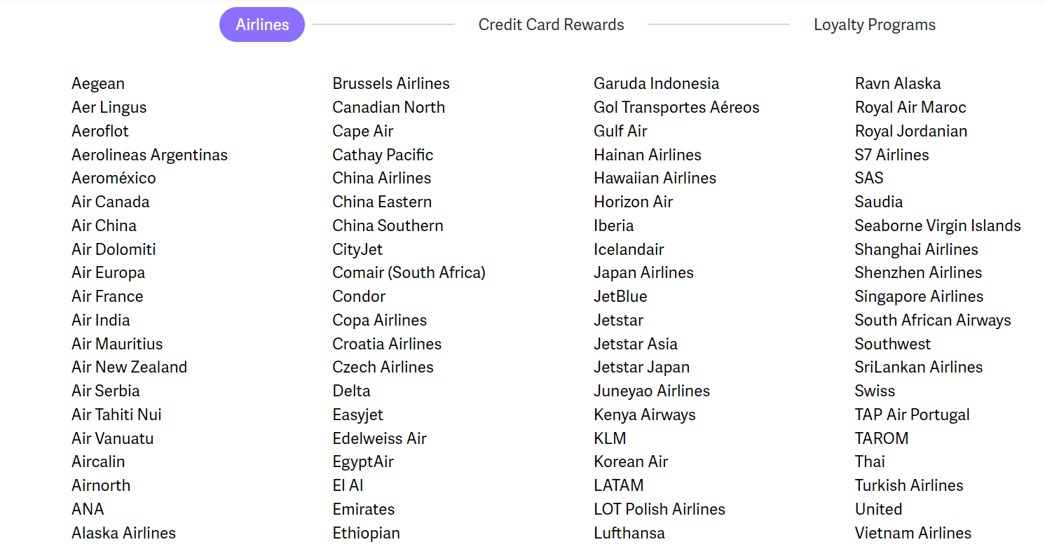 List of airlines searched by point.me.