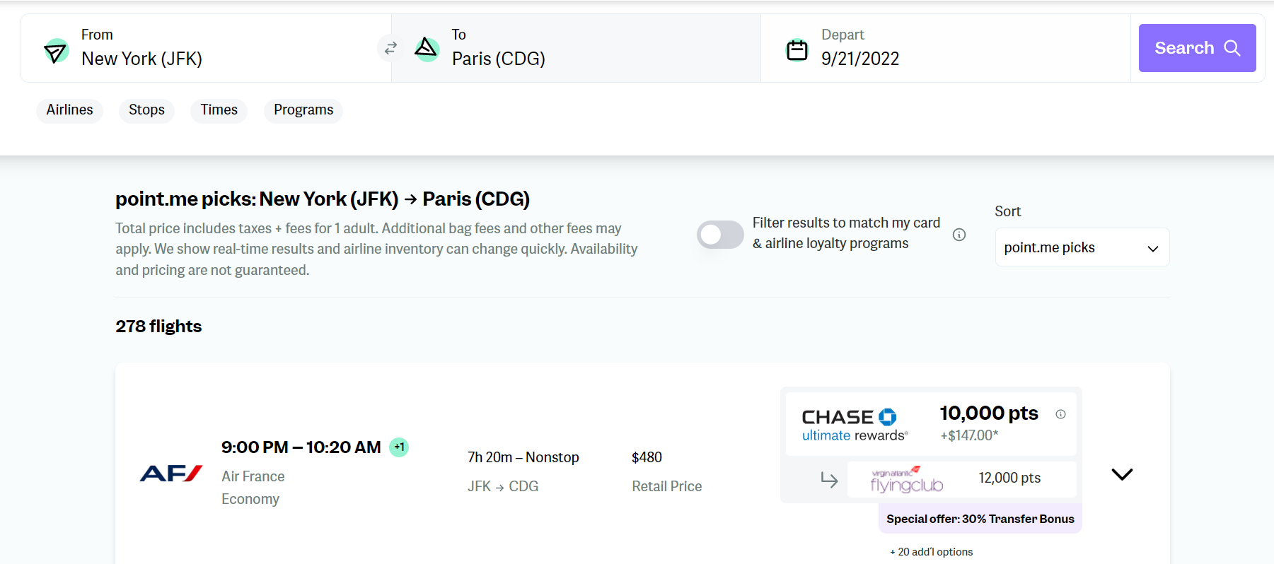 Finished search result from JFK to CDG, showing the top flight result, a non-stop flight for 10,000 points and $147 USD.