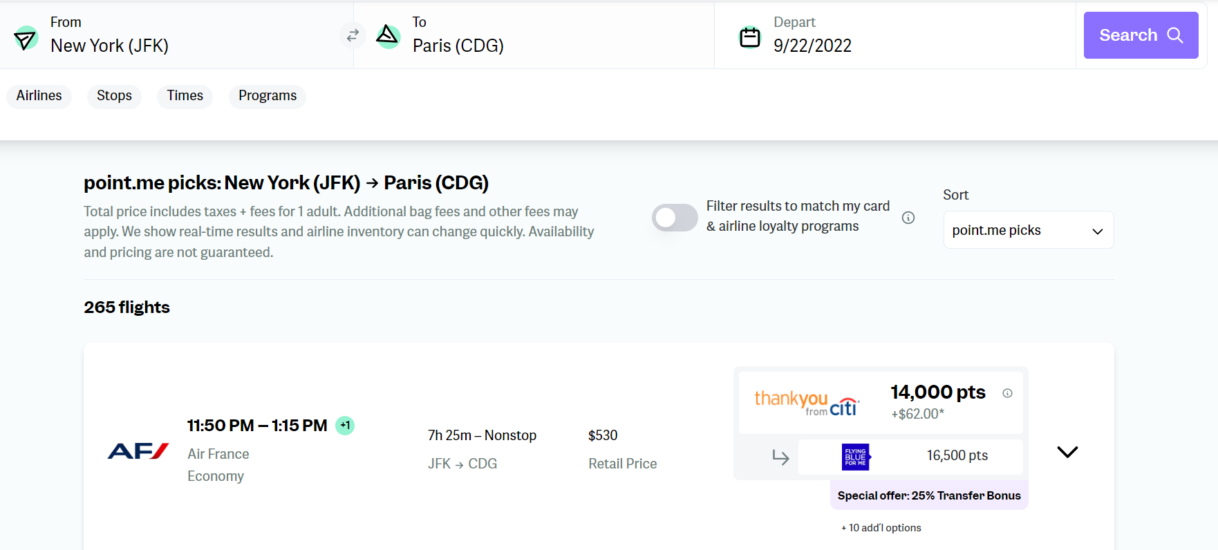 Finished search result from JFK to CDG, showing the top flight result, a non-stop flight for 14,000 points and $62 USD.