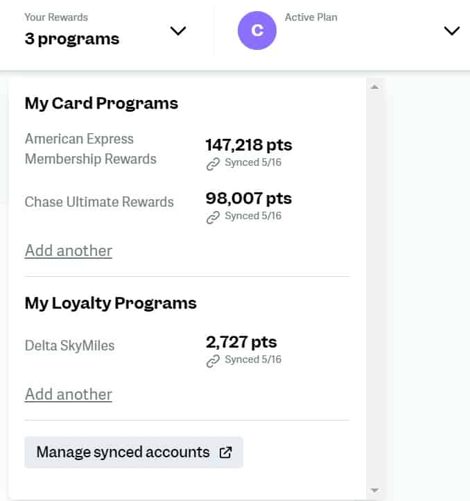 point.medrop-down menu showing different awards programs and their corresponding point balances.