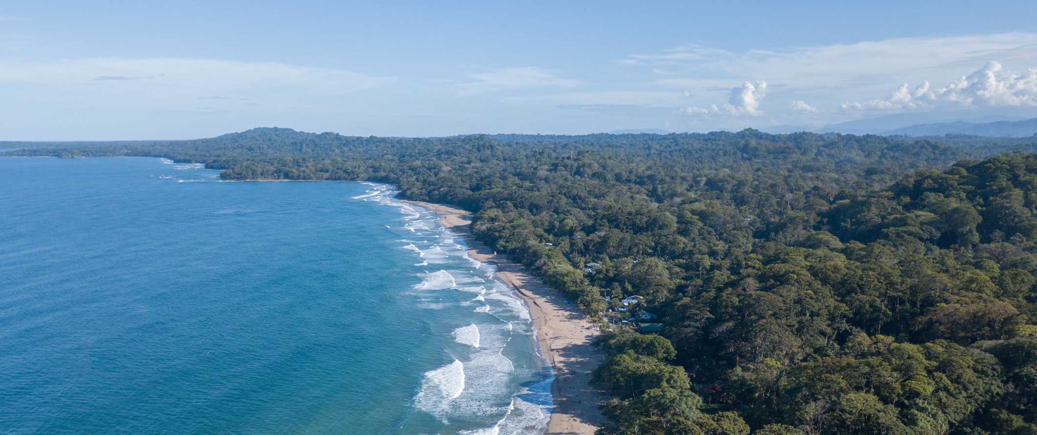 Aerial view of the sprawling Playa Cocles in Puerto Viejo, Costa Rica