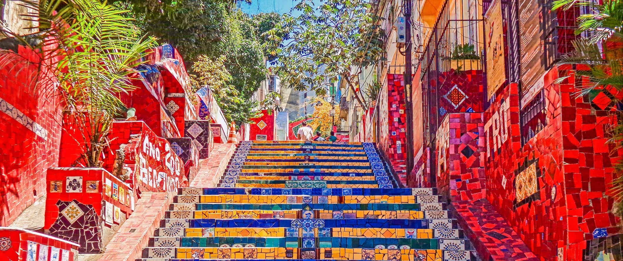 Brightly colored mosaic-lined stairs in Rio de Janeiro, Brazil
