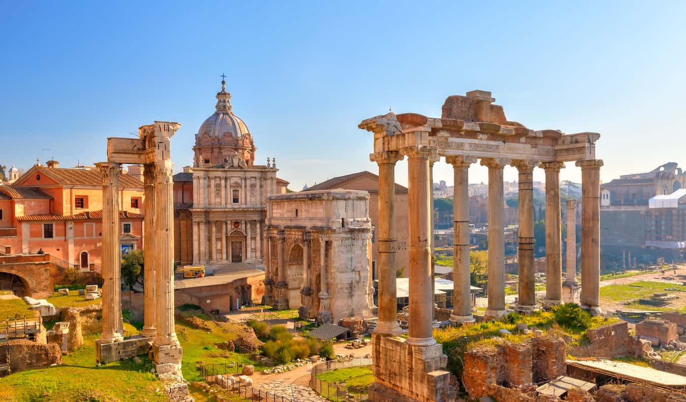 Historic ruins and ancient buildings at the Roman Forum in Rome, Italy