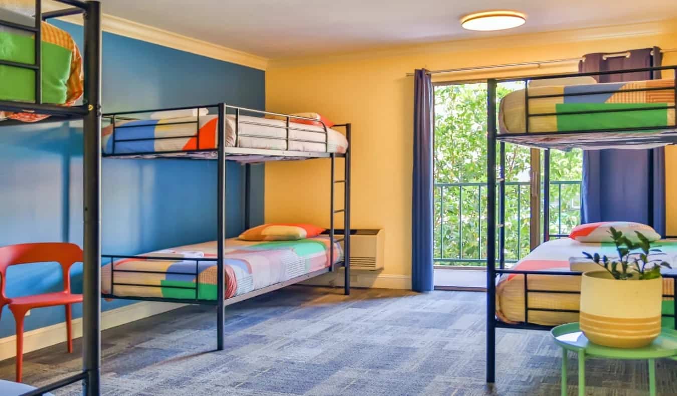 Colorful bunk beds in a dorm room at Samesun hostel in San Francisco, USA