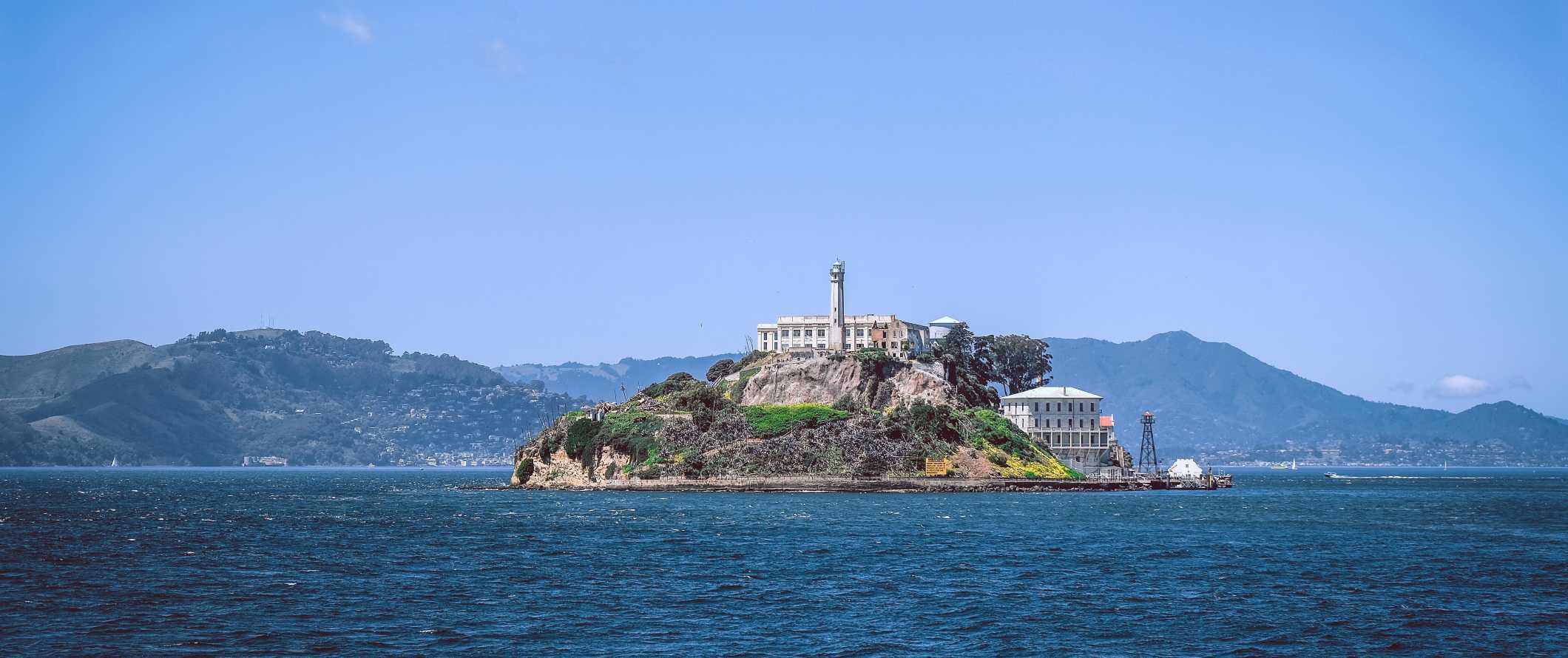 View of Alcatraz, an old prison on a rocky island in San Francisco, California.