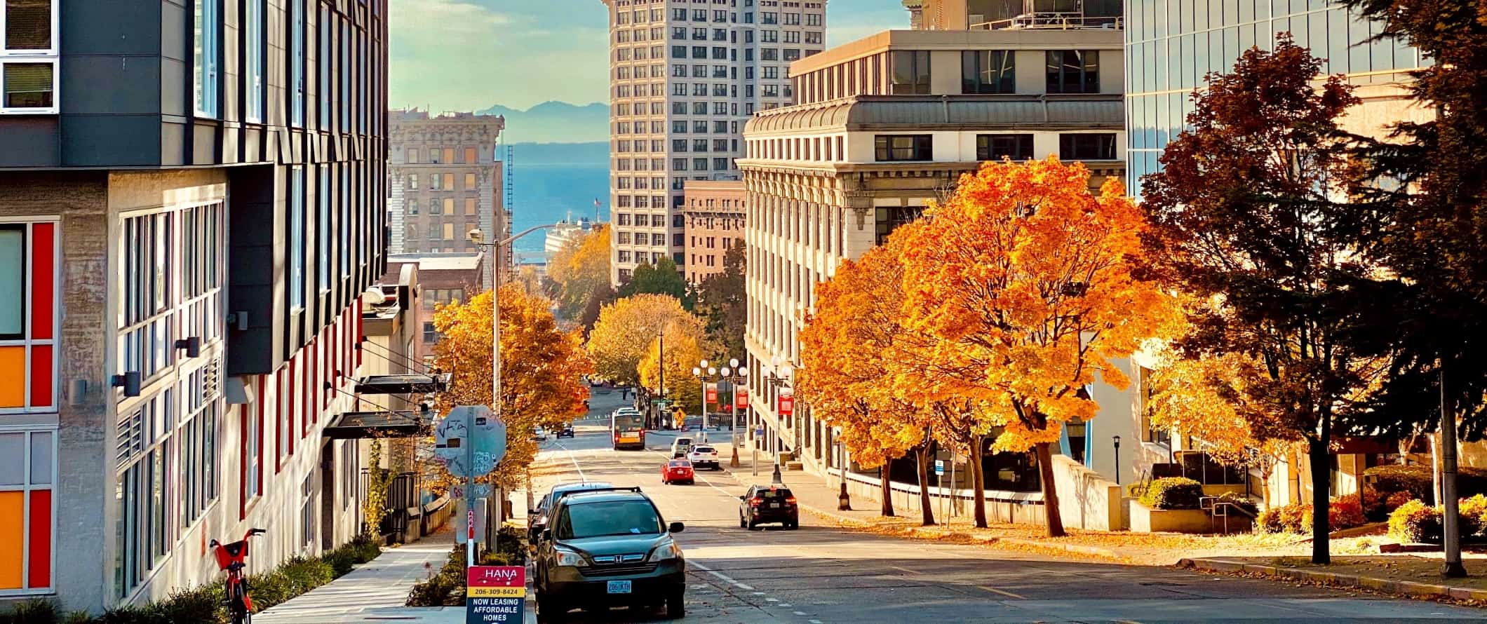 Streetscape with buildings leading down to the waterfront in Seattle, Washington.