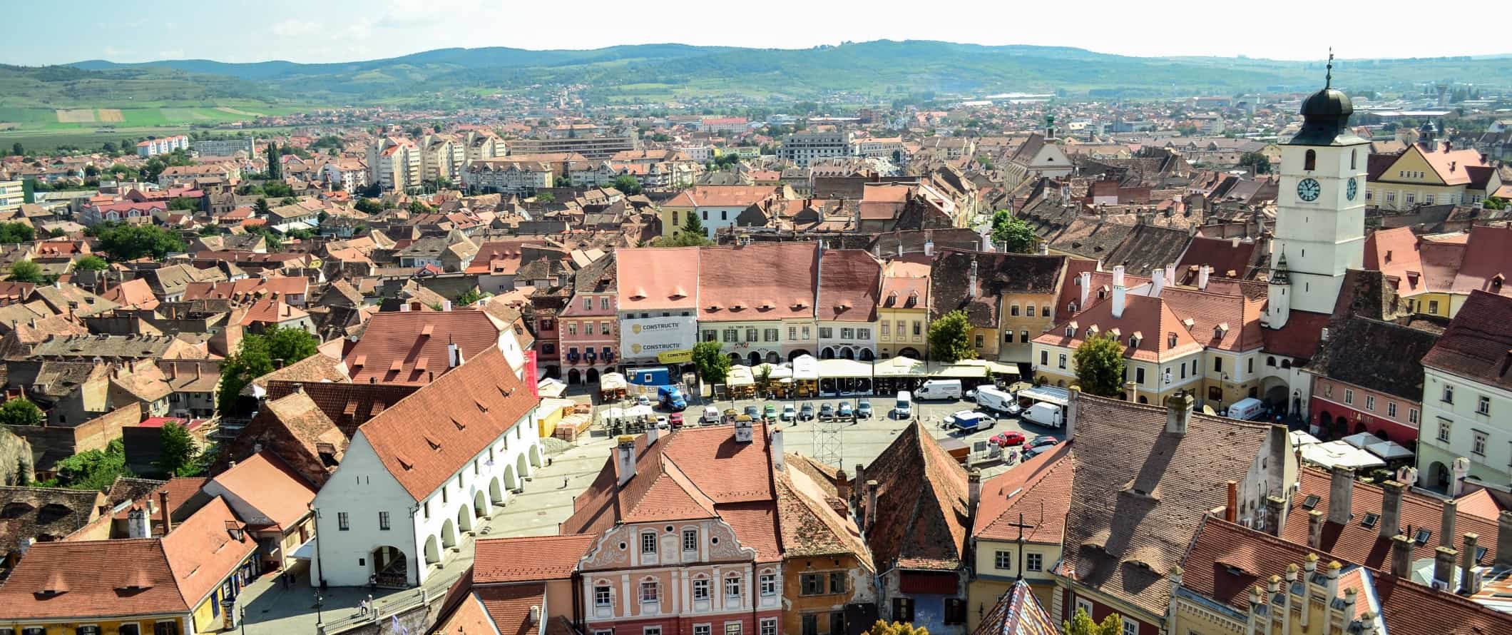 view of a typical street in the center of romanian city sibiu