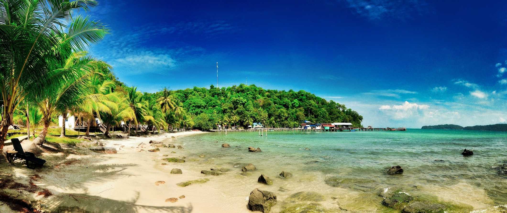 Palm-tree-lined sand beaches of Sihanoukville, Cambodia