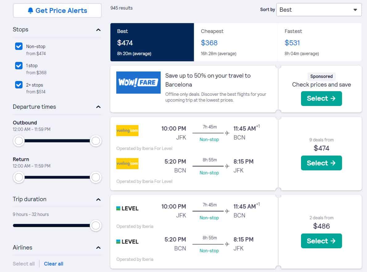 Screenshot from Skyscanner searching flights from New York to Barcelona, with results from LEVEL and Vueling.